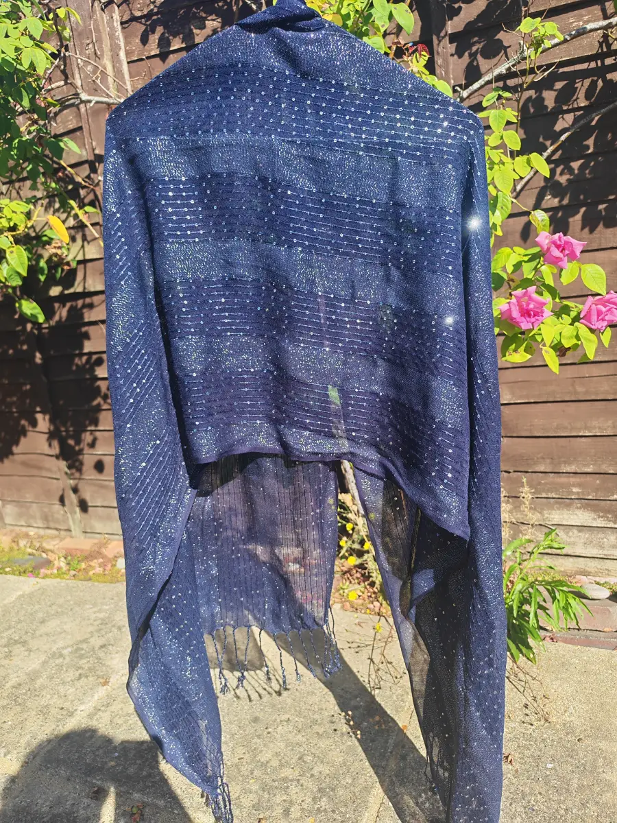 M&S Collection Navy Sparkly Metallic Scarf Shawl Wrap Tassel Evening Occasion
