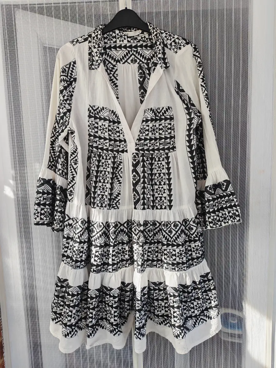 KOPH Greek Boho Embroidered Smock Dress Black White