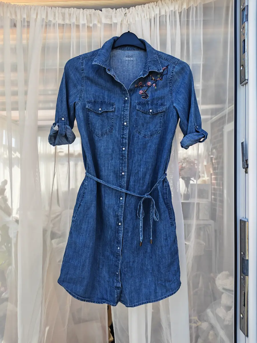 Esprit Embroidered Denim Shirt Dress Blue Tie Waist Pearl Buttons UK 10