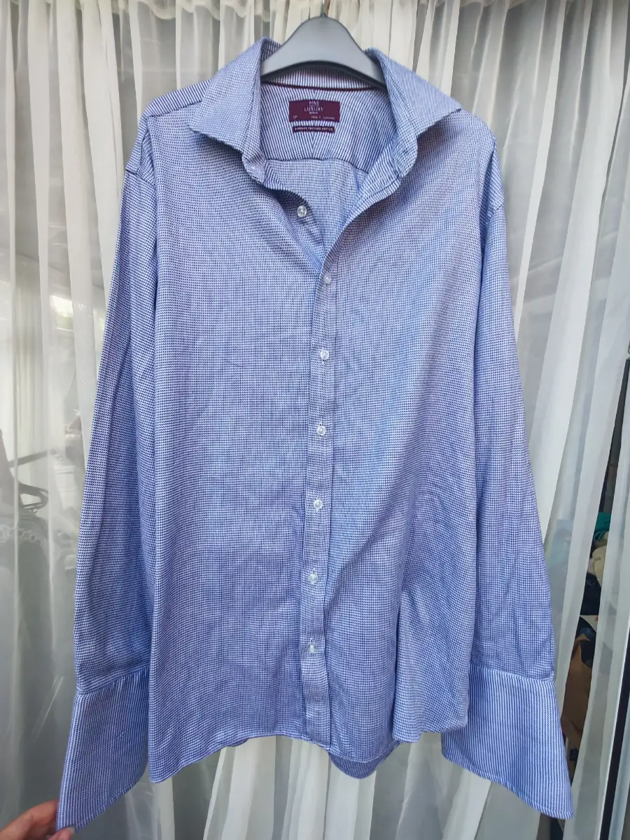 M&S Luxury Superior Two Fold Cotton Navy White Pattern French Cuff Shirt 17"
