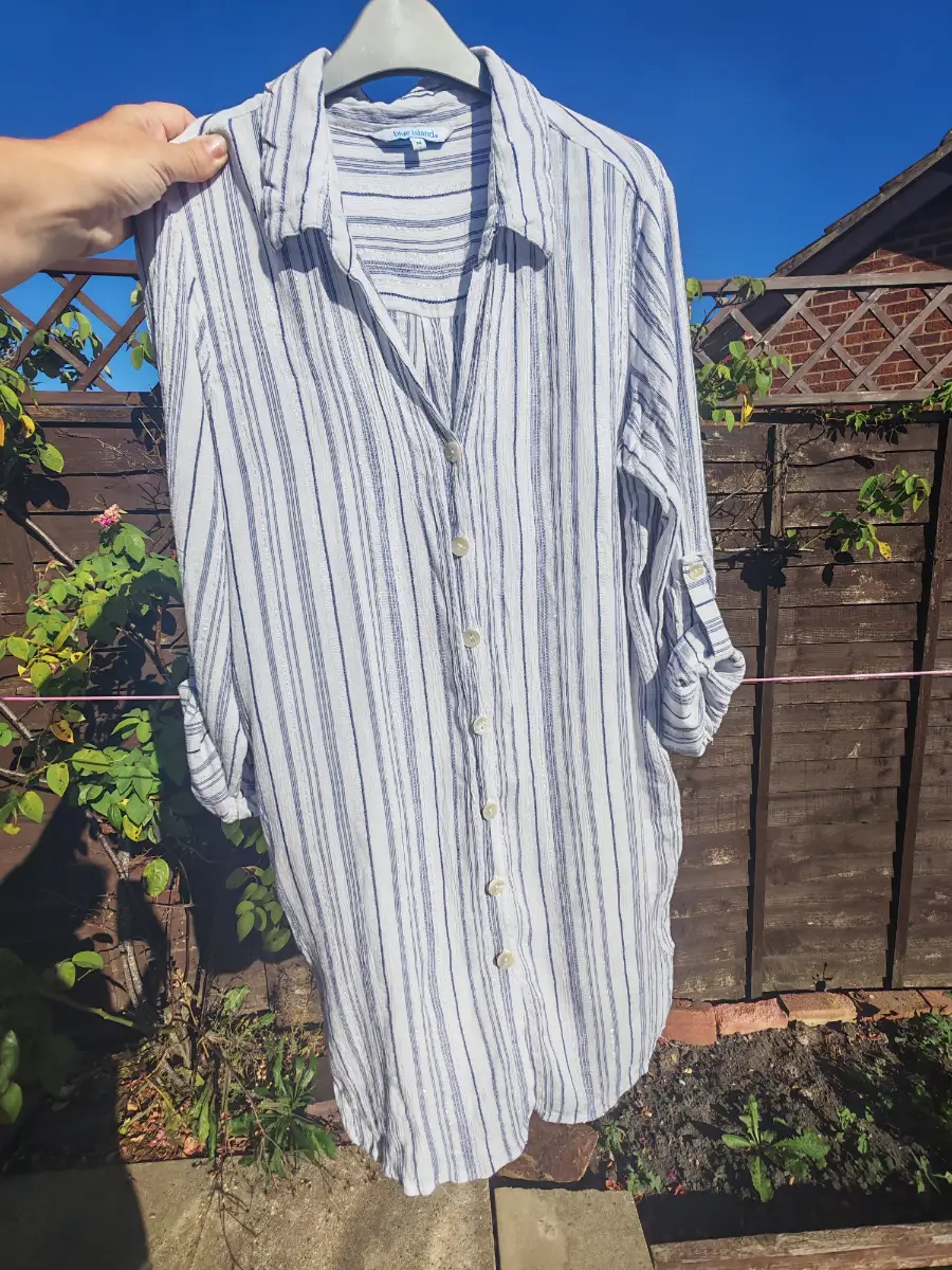 Blue Island White Blue Metallic Stripe Longline Shirt Roll Tab Sleeves Size M