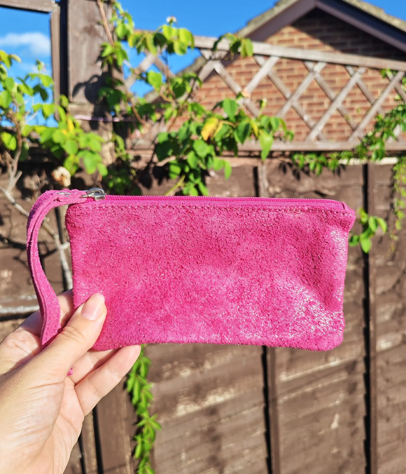 Pink Metallic Leather Wristlet Clutch Purse