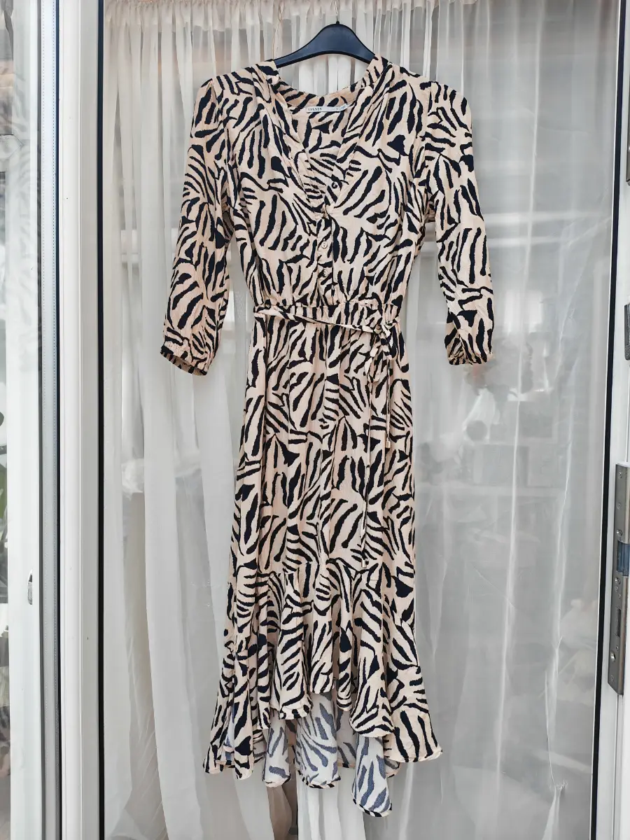 Oasis Zebra Print Midi Dress UK 12 Tie Waist Hi Low Hem Viscose Tea