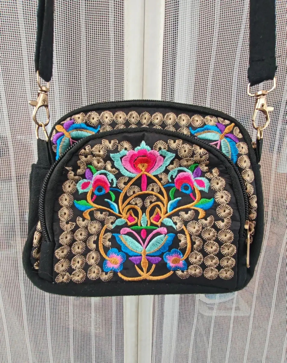 Embroidered Floral Crossbody Bag Black Boho Festival Handbag 3 Zip Pockets