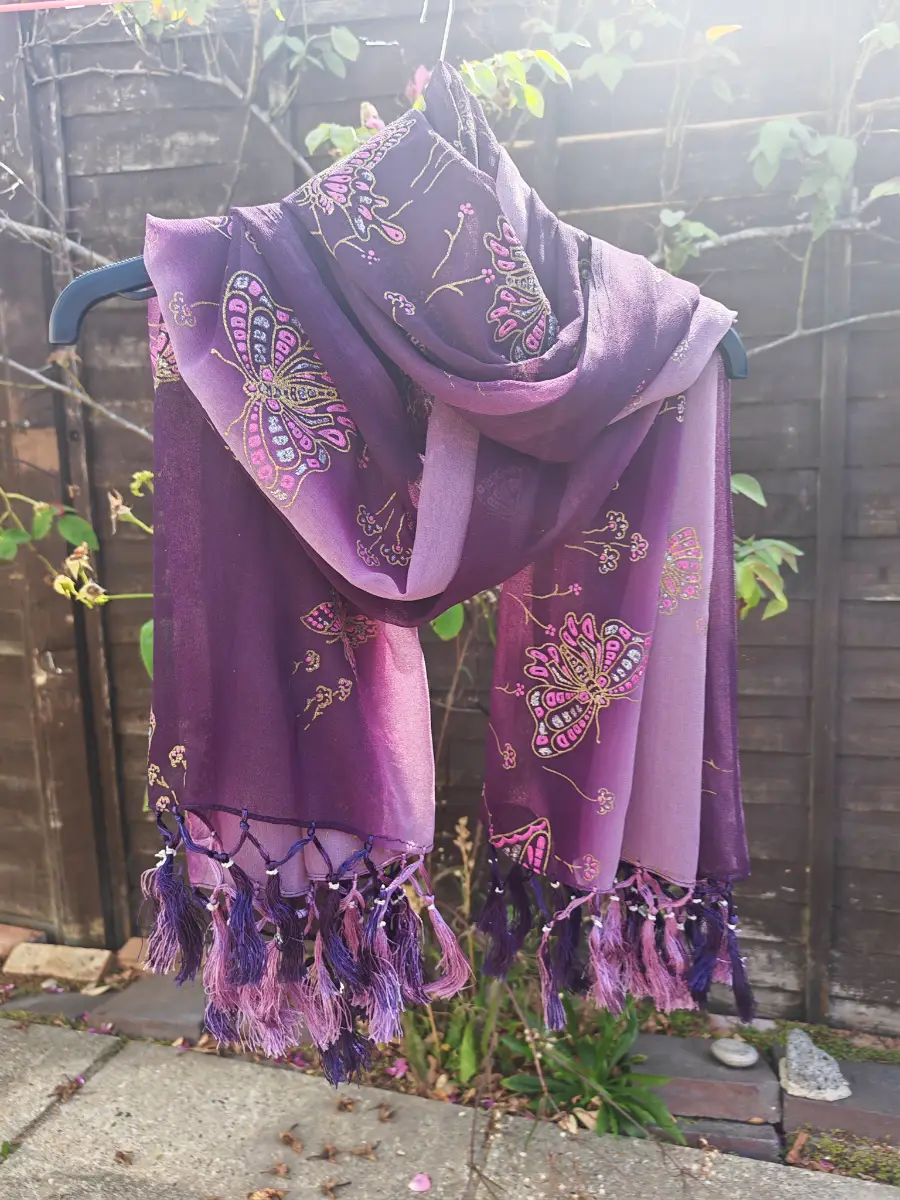 Purple Butterfly Print Sheer Shawl Wrap Scarf Tassel Fringe 100% Viscose Large