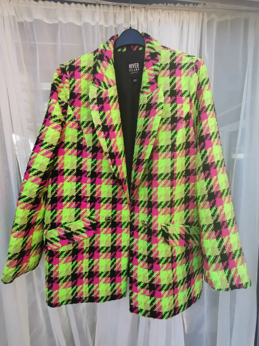 River Island Neon Green Pink Houndstooth Bouclé Blazer Jacket Gold Button UK 16