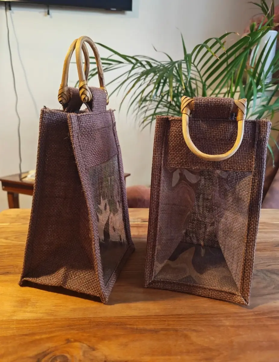 2 Rustic Hessian & Bamboo Mini Gift Bags / Jam/Chutney Jar Holder Brown