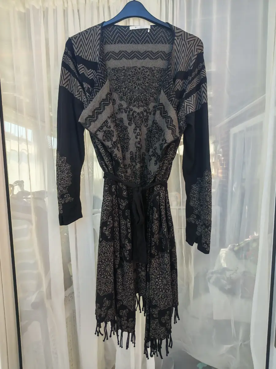 Monari Italia Longline Cotton Cardigan Tie Waist Tassel Fringe Black Taupe UK 14