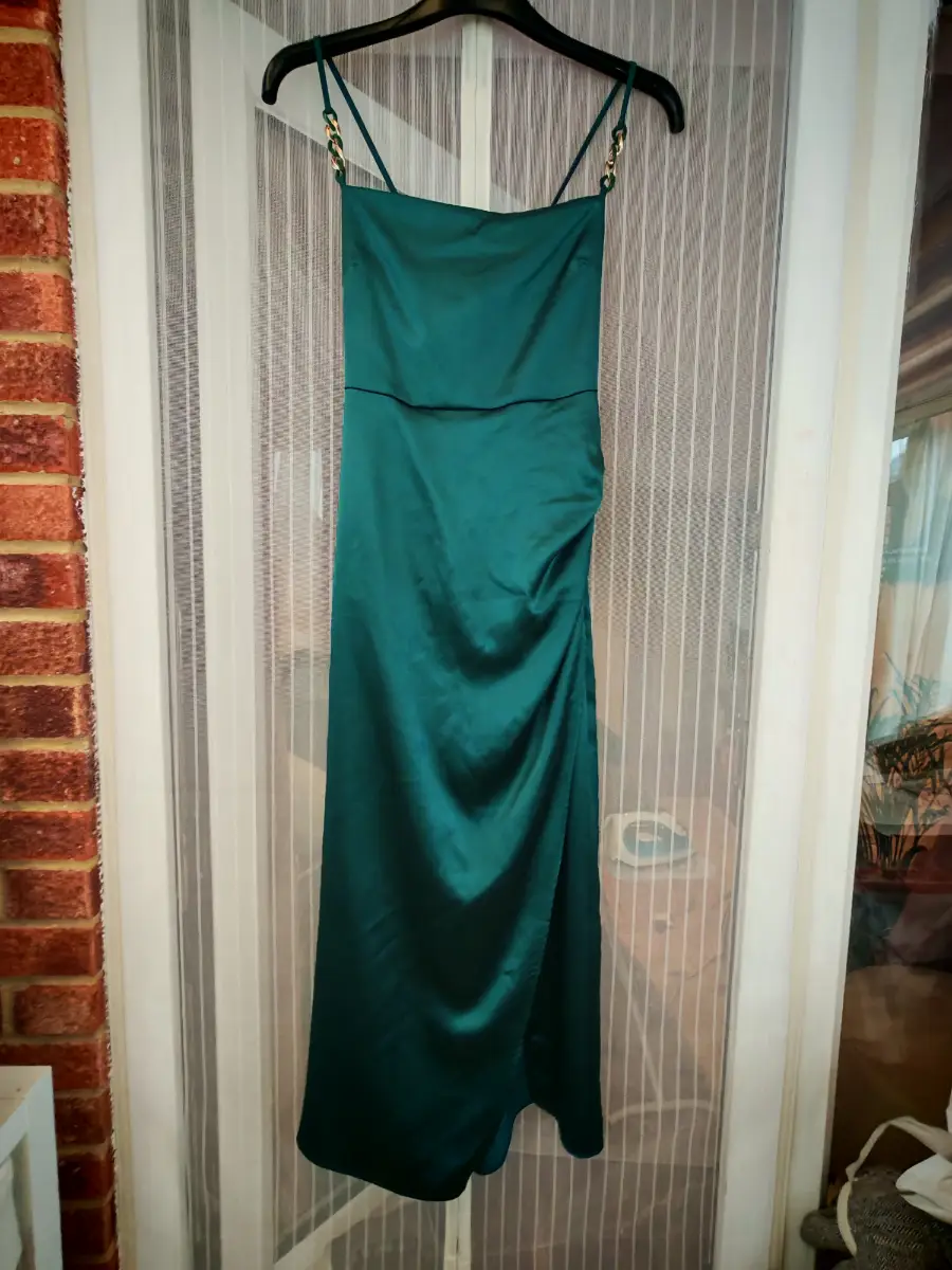 Zara Teal Satin Chain Strap Ruched Midi Dress Cross Back