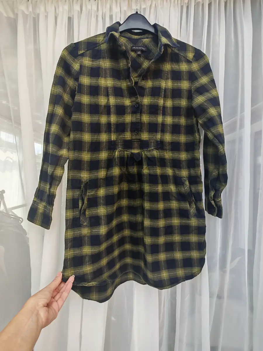 Banana Republic Green Navy Check Cotton Shirt Dress Pockets Long Sleeve
