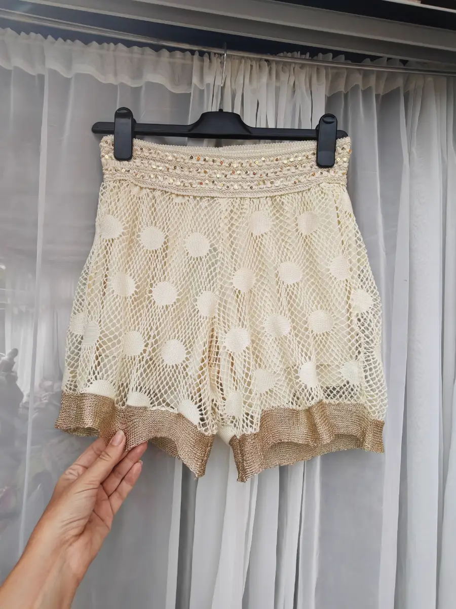 La Tzigane Saint Tropez Cream Crochet Boho Sequin Shorts BNWT Made in France