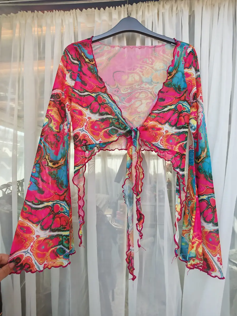 Psychedelic Marble Print Mesh Tie Front Crop Top Flared Sleeves Festival