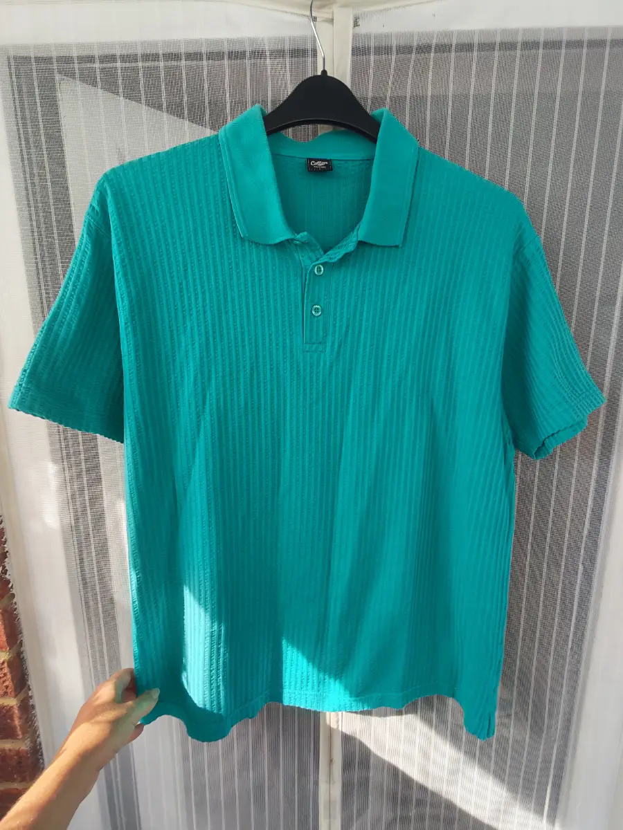 Cotton Traders Jade Green Textured Ribbed Polo Shirt 100% Cotton Size L