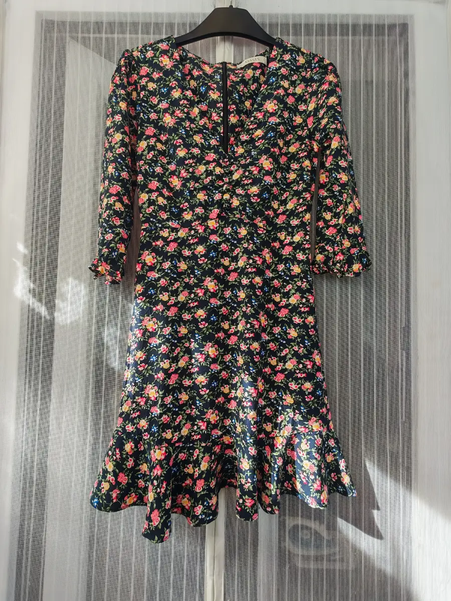 Oasis Black Floral Tea Dress Frill Hem Button Detail 3/4 Sleeve Mini UK 6