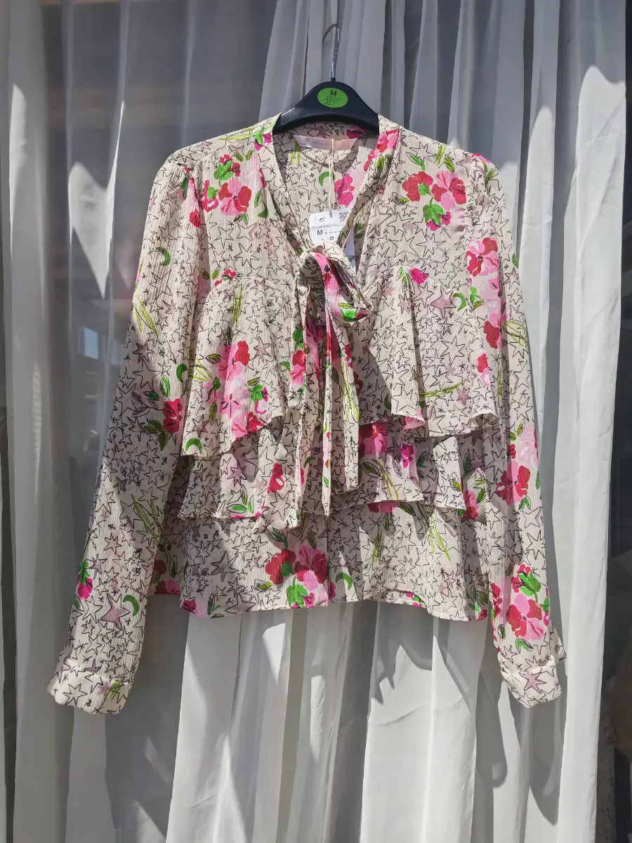 Zara Trafaluc Floral Star Print Tie Neck Blouse BNWT Sheer Ruffle Layered Top