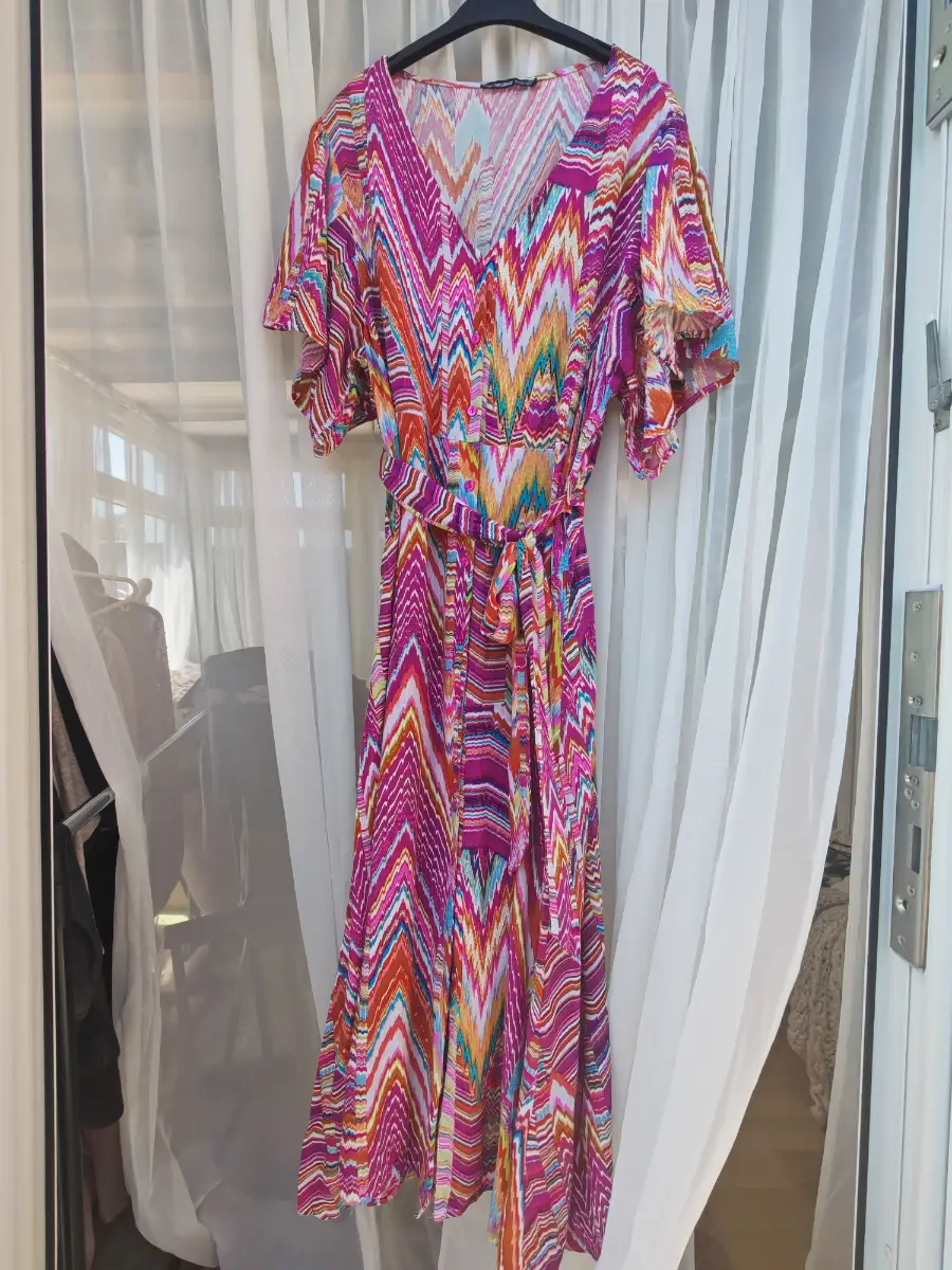 Threadbare Multicolour Chevron Zig Zag Midi Dress UK 14 100% Viscose Tie Waist