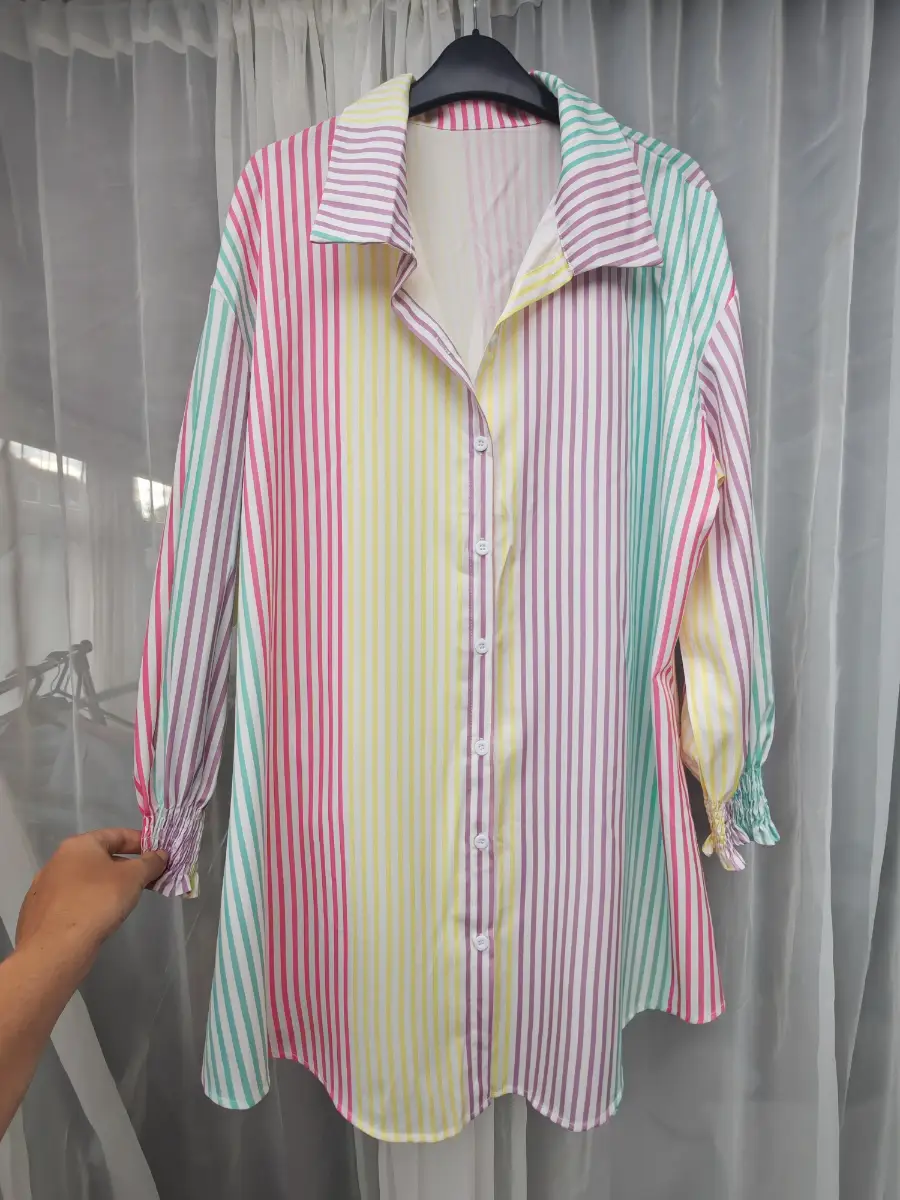 Womens Longline Pastel Stripe Button Up Tunic Shirt Blouse UK XXL