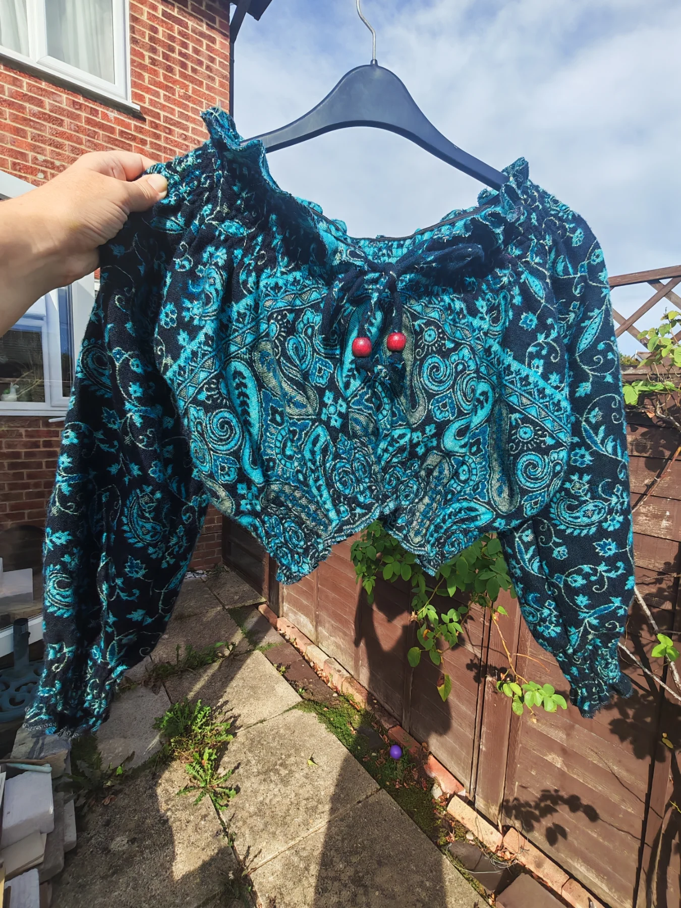 Blue & Black Paisley Cropped Long Sleeve Top