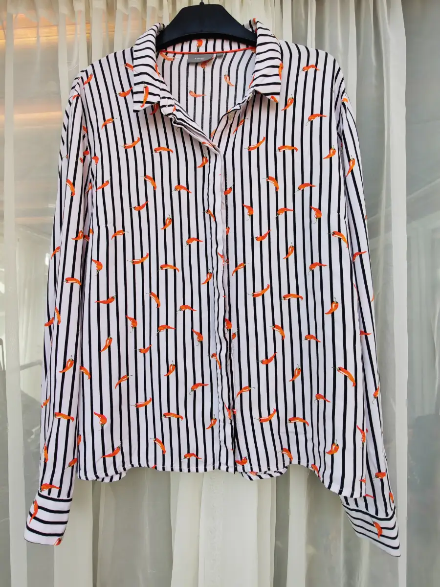 B.Young White Black Striped Chilli Print Shirt Long Sleeve Buttons Viscose