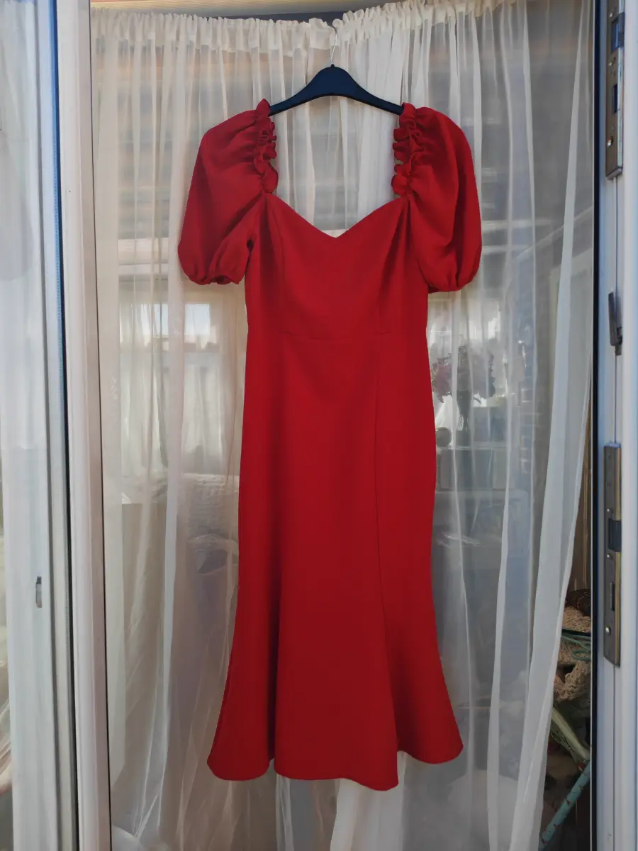 Trendyol Red Puff Sleeve Midi Dress UK 12 EU 40 Sweetheart Neck