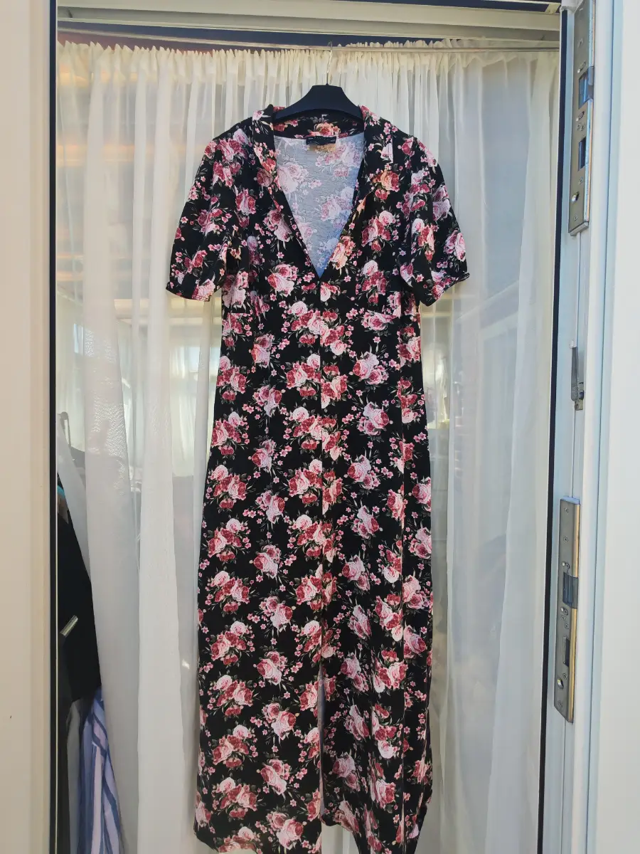 ASOS DESIGN Black Pink Floral Cotton Collared Midi/Maxi Dress UK 14