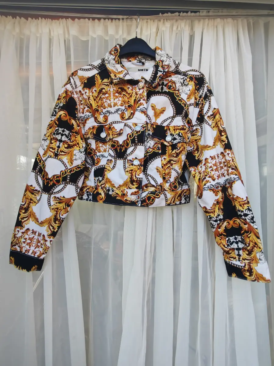 Topshop Moto Baroque Chain Print Cropped Jacket Gold Black White UK 8