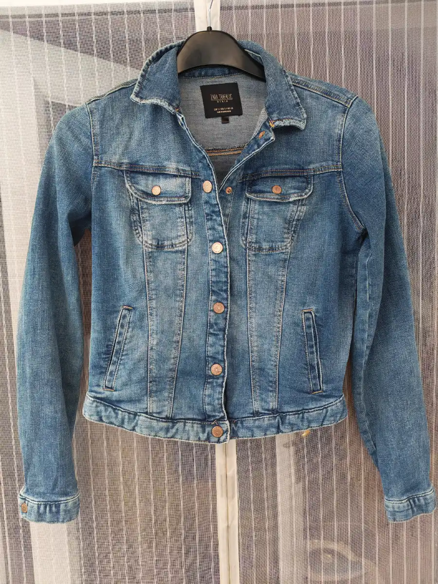 Zara Trafaluc Blue Denim Jacket Womens Size S Cropped Fitted Stretch