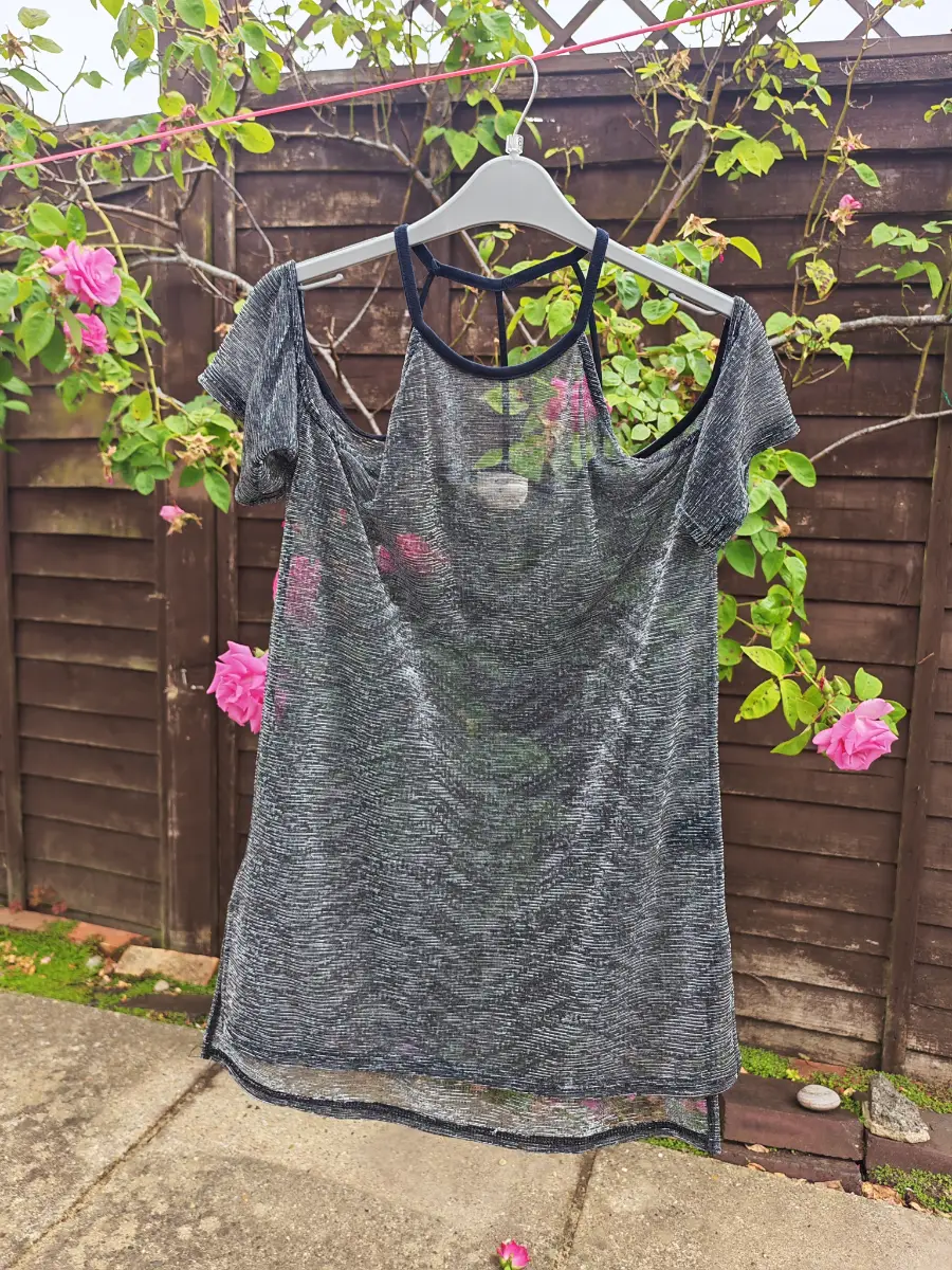 Pins and Needles Metallic Sheer Cold Shoulder Top Black Silver Y2K Festival