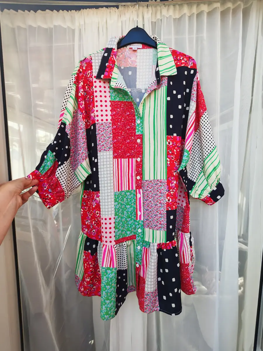 Warehouse Colourful Patchwork Swing Shirt Dress Button Front Smock Tunic UK 14