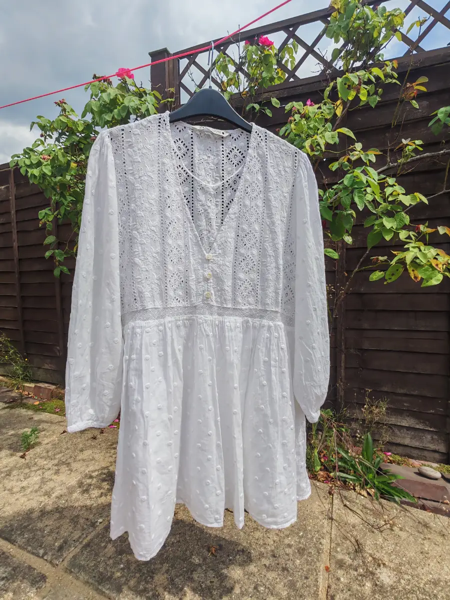 Zara White Broderie Anglaise Smock Mini Dress Long Sleeve Swiss Dot Boho