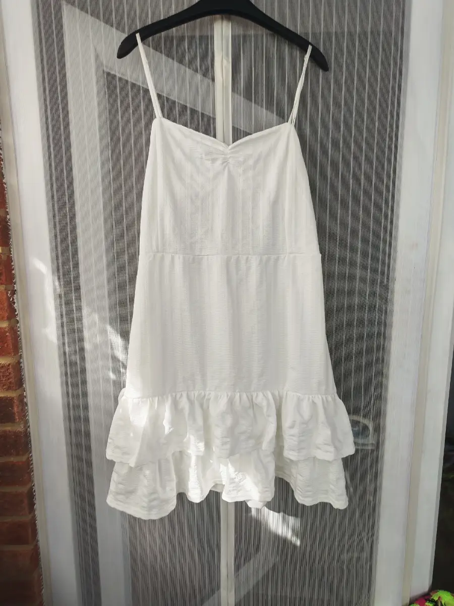 Quiz White Textured Tie Back Ruffle Mini Dress UK 16