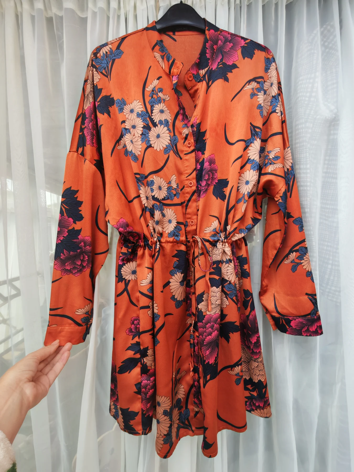 Orange Boohoo Floral Satin Shirt Dress Size 12