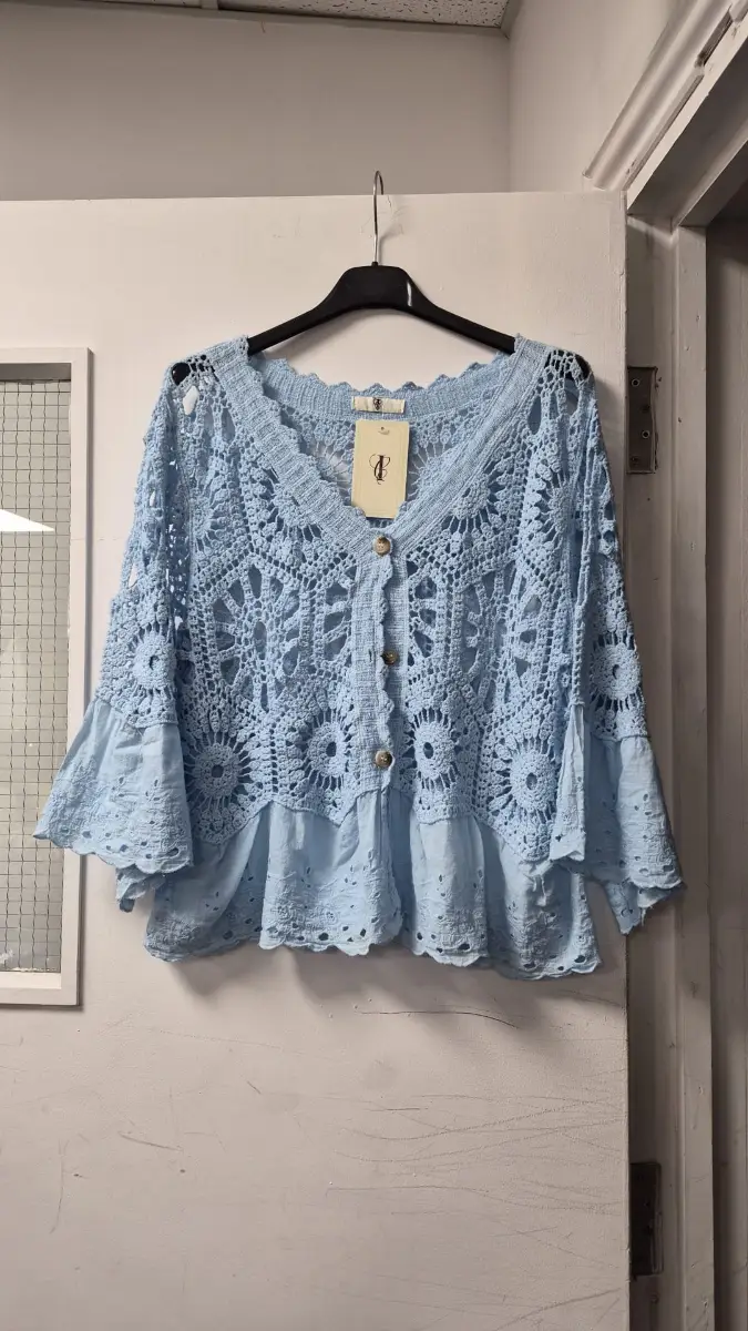 Women's anglais trim crochet cardigan,  one size 8-14,  blue and coral available