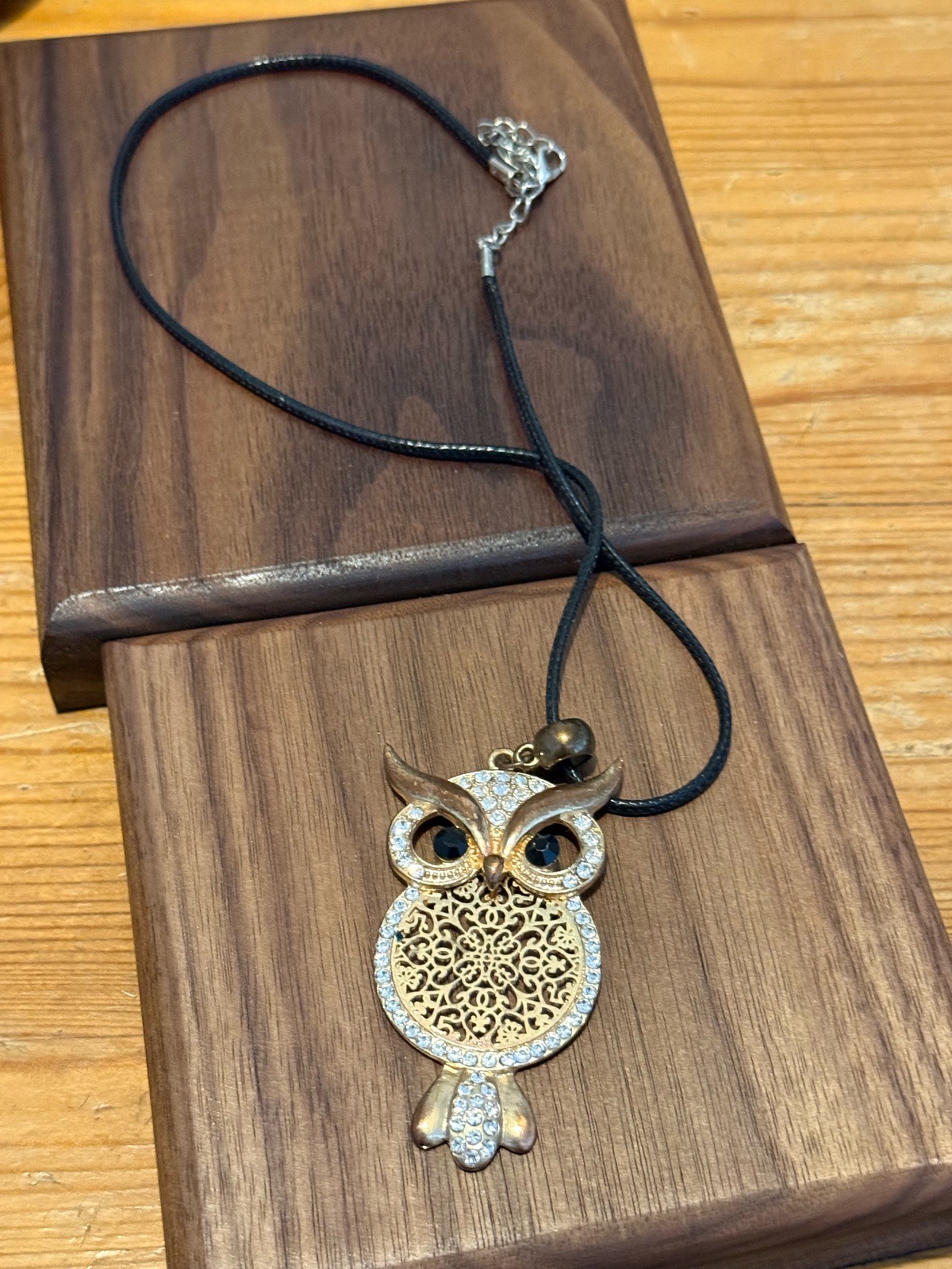 gold owl necklace with rhinestones