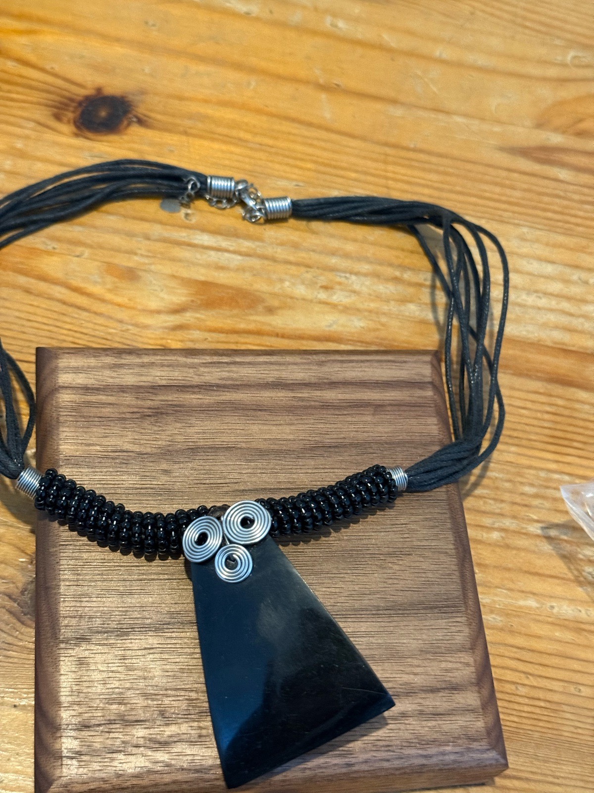 Black Trapezium, Silver Tone , Brown, Beaded Multi Strand Statement Necklace