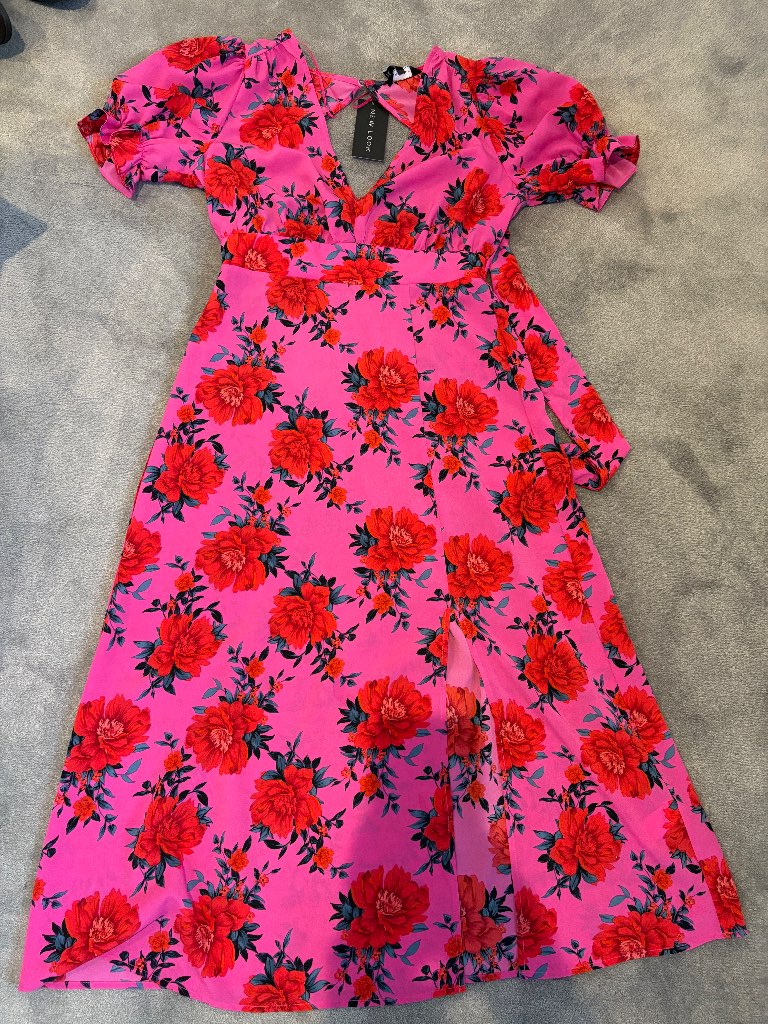 New Look Size 10 Red & Pink Tie Back Floral Midi Dress Summer BNWT