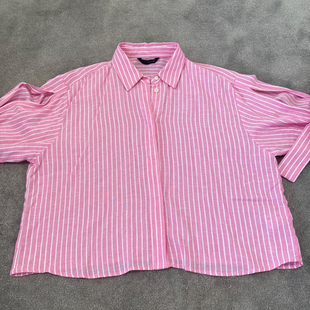 Zara White Pink Stripe Linen Blend Shirt Size XS Bow Sleeve NEW