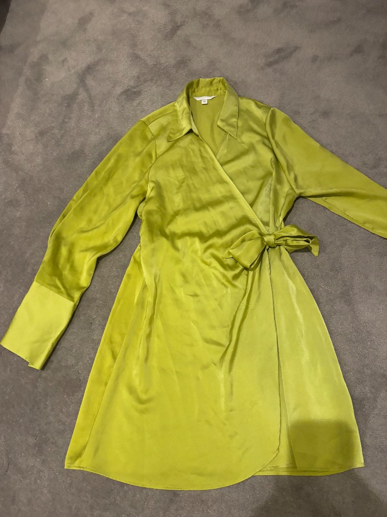 H&M Lime Green Silky Kimono Wrap Mini Dress Size M