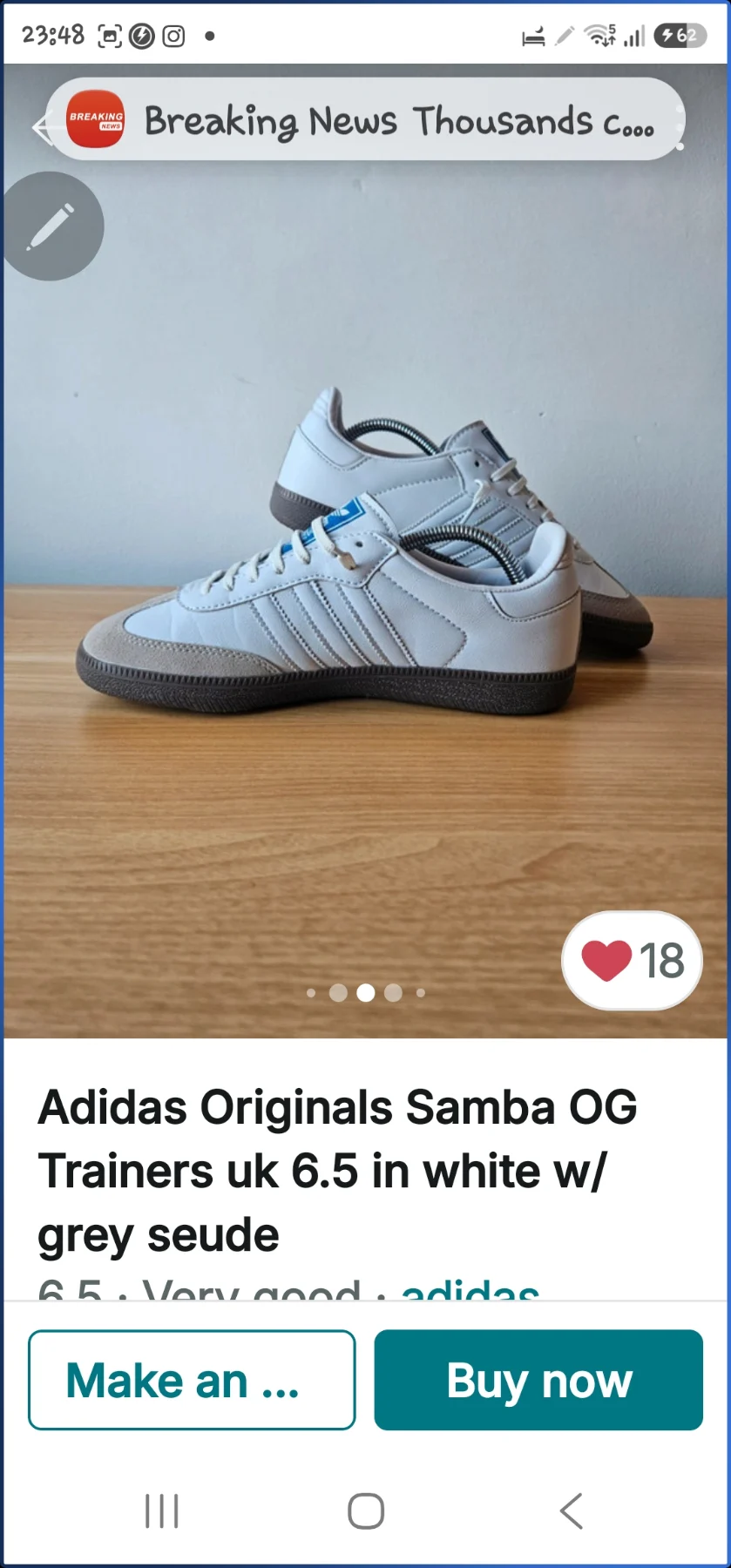 Adidas Originals Samba OG trainers UK 6.5 white/w/grey suede