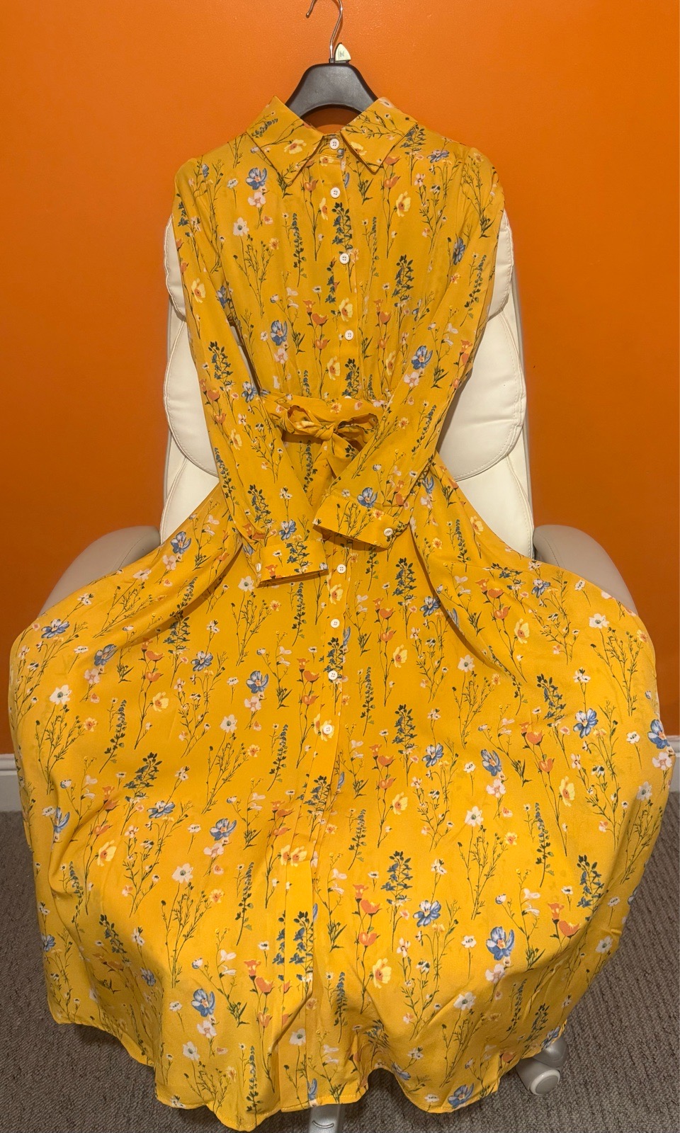 Women’s yellow floral short dress Size UK 10 (M) Long sleeve belted summer dress