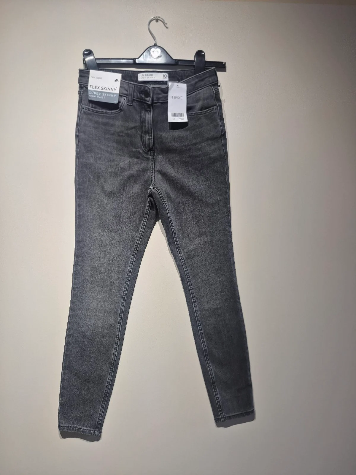 Next Flex Skinny Super Skinny High Waist Black Denim Jeans Size 10 R..
