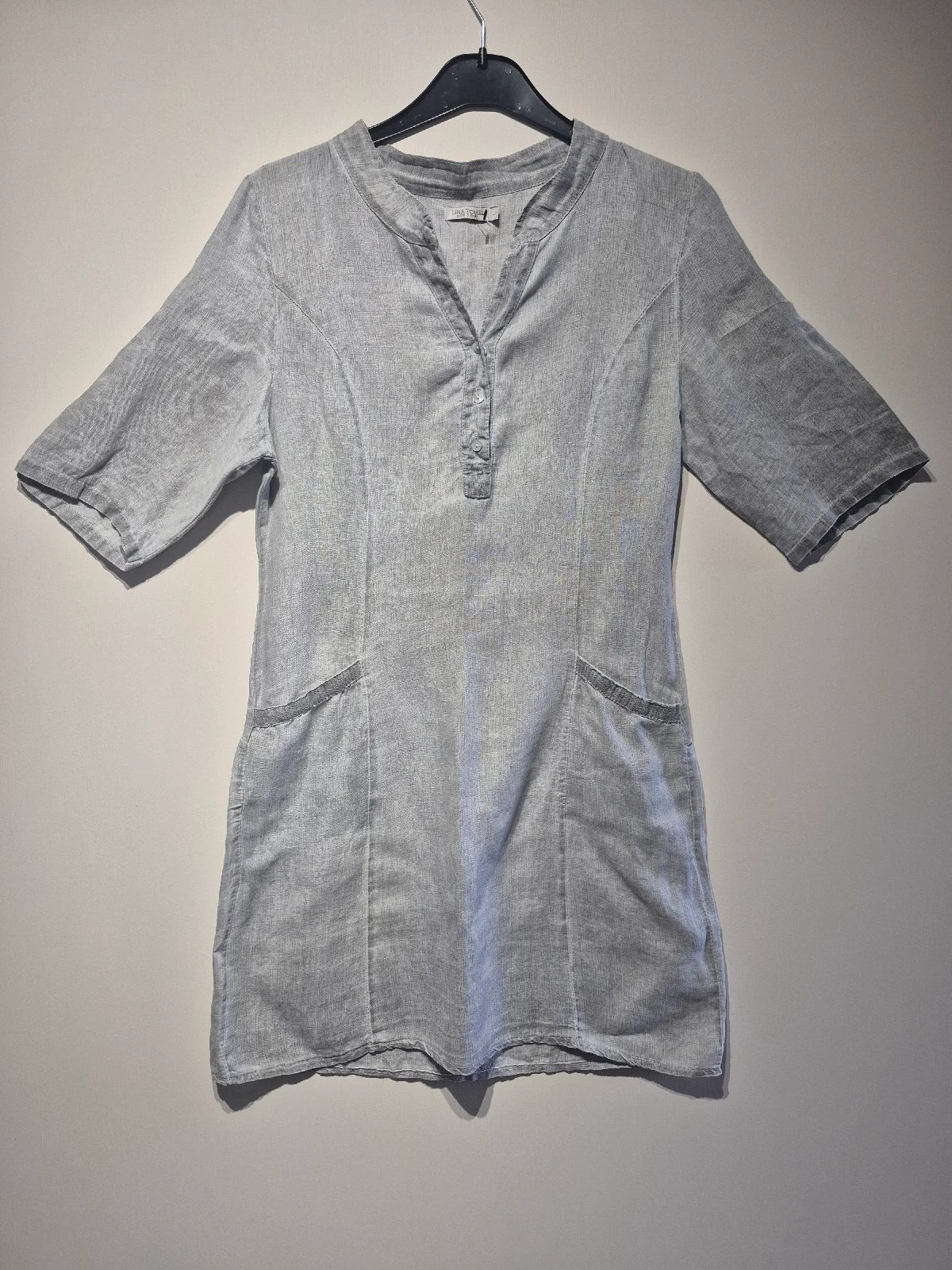 Lina Tomei Grey 100% Linen Tunic Shirt Dress 3/4 Sleeve Pockets Size L