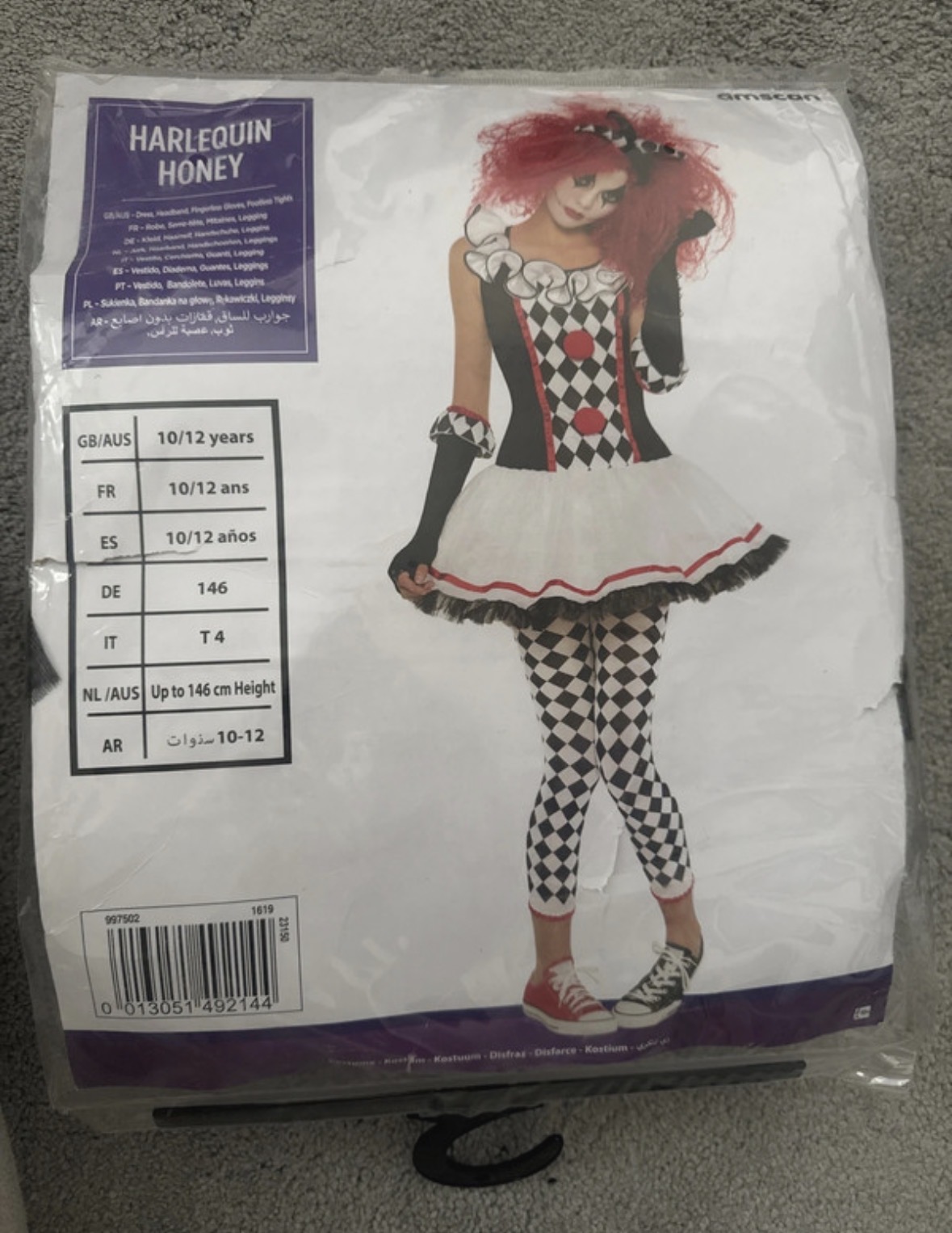 Teens Harlequin Honey Clown Halloween Girls Fancy Dress Costume Age 10-12 / New