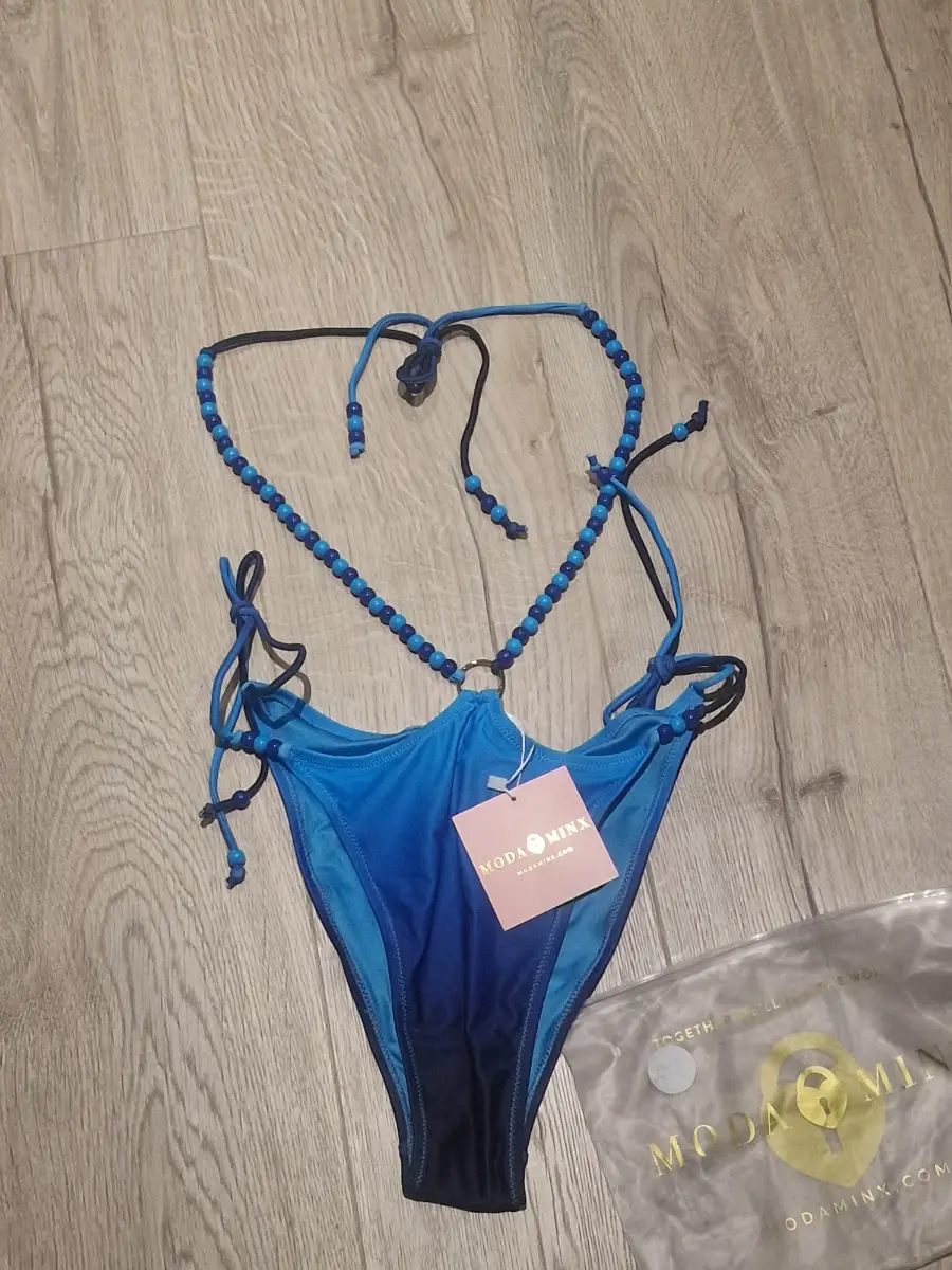 Moda Minx Aqua Pearl Blue Ombre Beaded Tie Side Bikini Bottoms - Size L