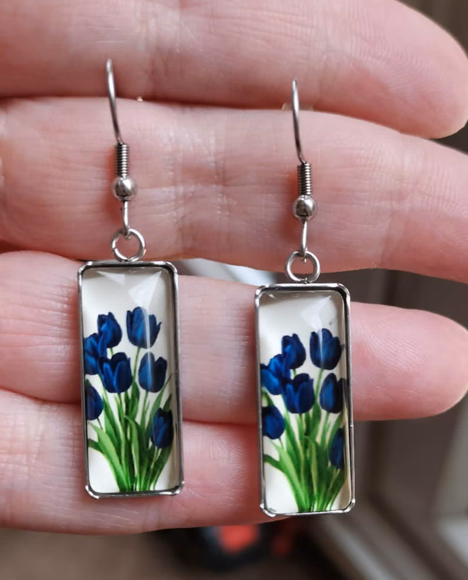 Blue Tulip Drop Cabochon Dangle Rectangle Glass Earrings Stainless Steel Hooks
