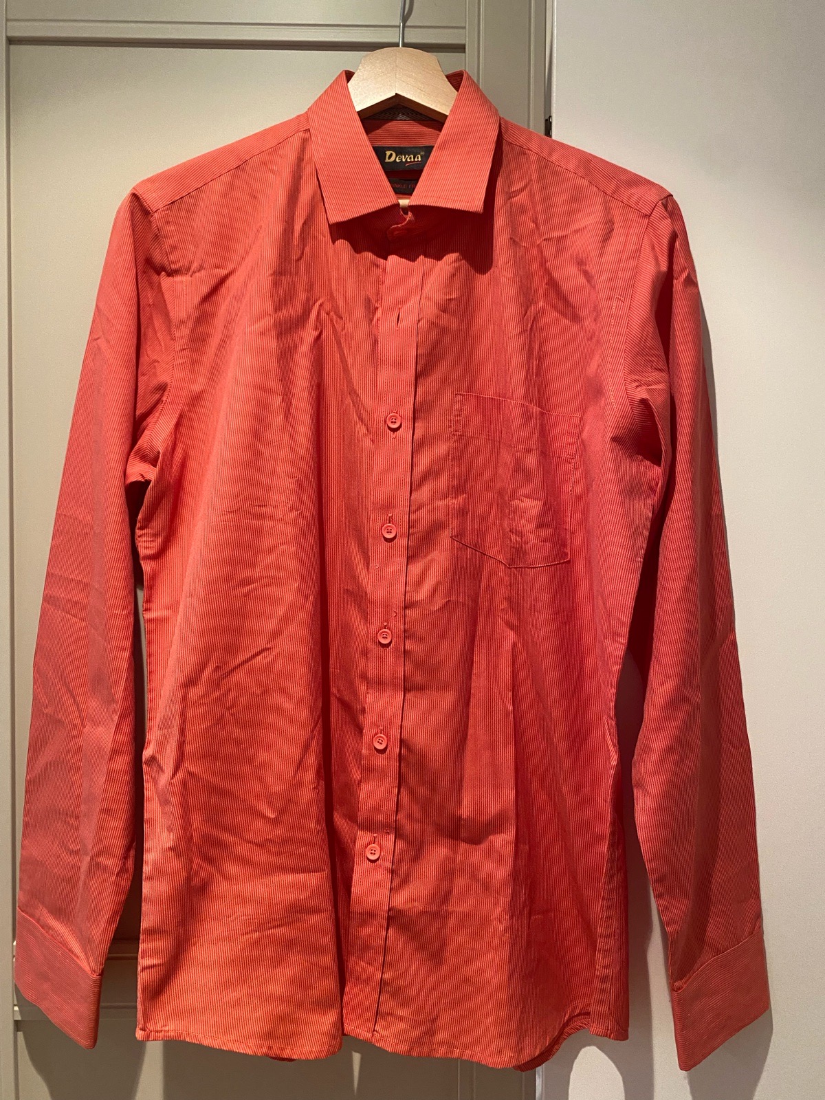 Devaa Coral Red Pinstripe Long Sleeve Shirt - Size 40 (Slim Fit / Wrinkle Free)