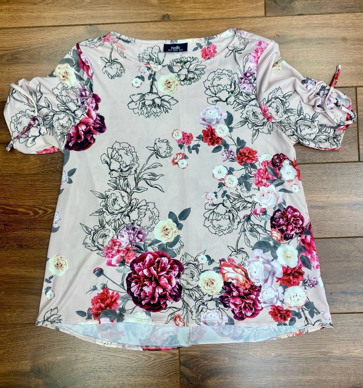 Wallis Pink Peony Floral Short Sleeve Top with Ruched Tie Detail – UK 14