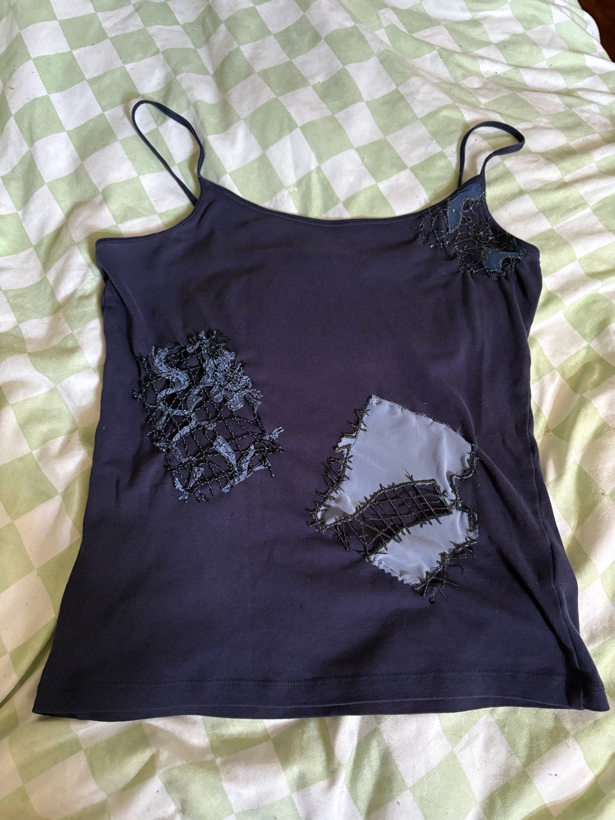 up-cycled/ re worker navy blue cami vest top with a patchwork design