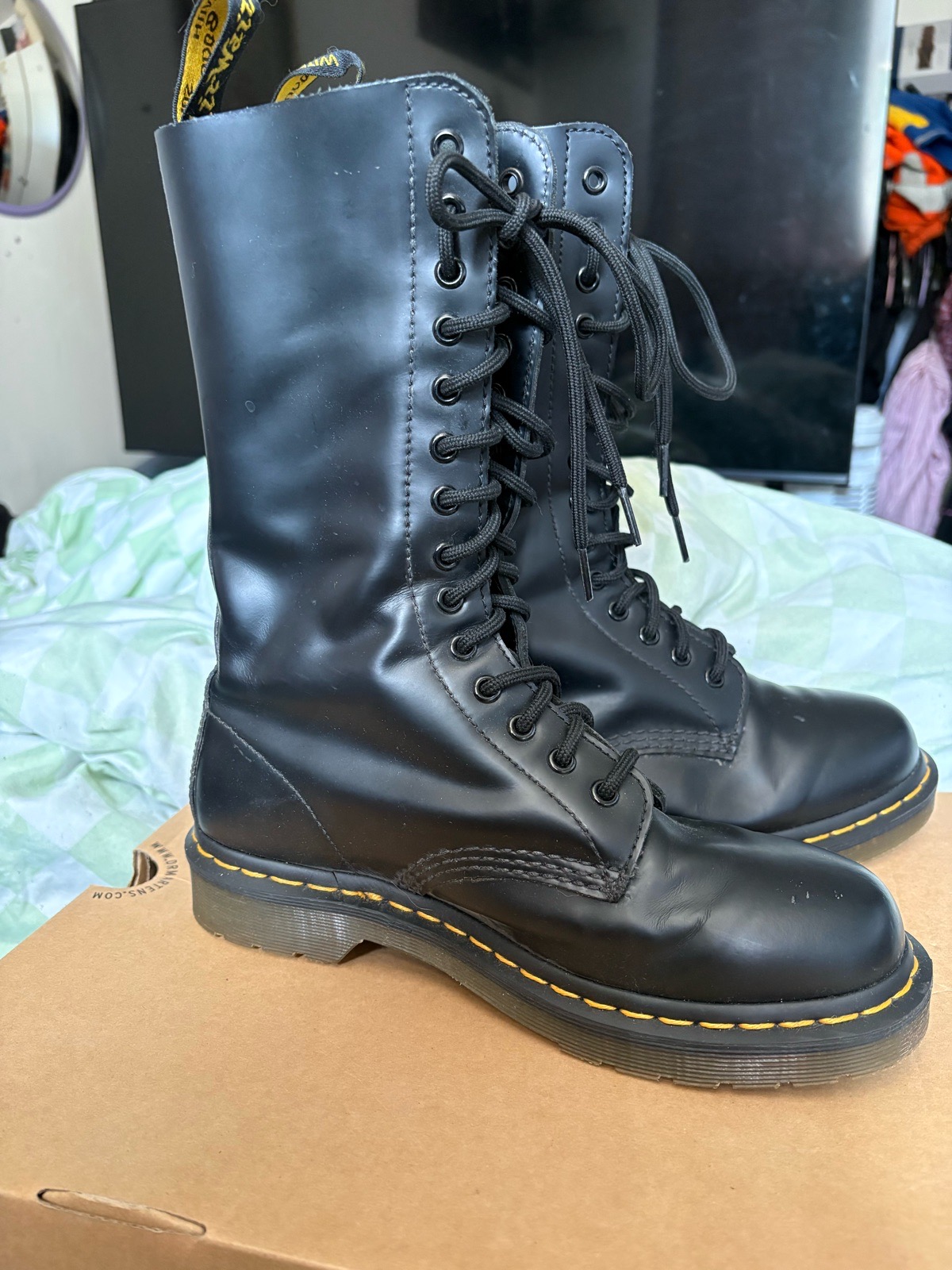 Black high top Dr Martens combat boots 14 eye tie up lace