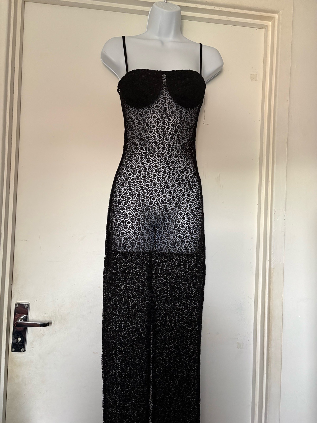 Black lace look long mesh strappy maxi dress with slit in the back